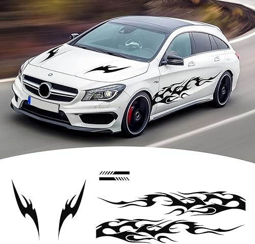 6 calcomanías de vinilo con diseño de llama para el lado del automóvil, diseño de rayas deportivas y capó de techo para todos los coches (negro)