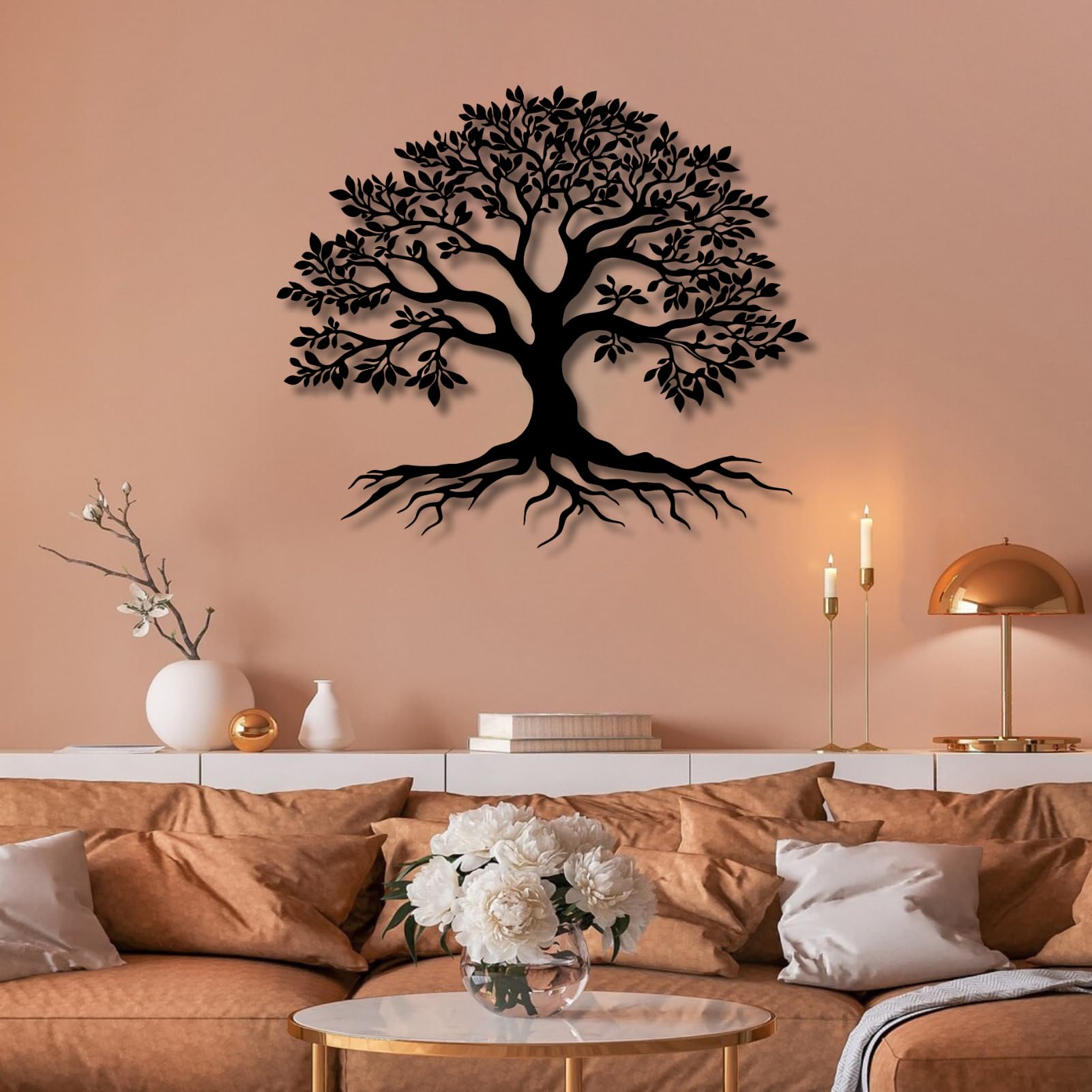 Árbol de la Vida, Arte de Metal 3D, decoración de Pared Grande, Letrero para Sala de Estar, Dormitorio, Interior, Exterior, jardín, hogar (Negro, 47 x 41 cm)