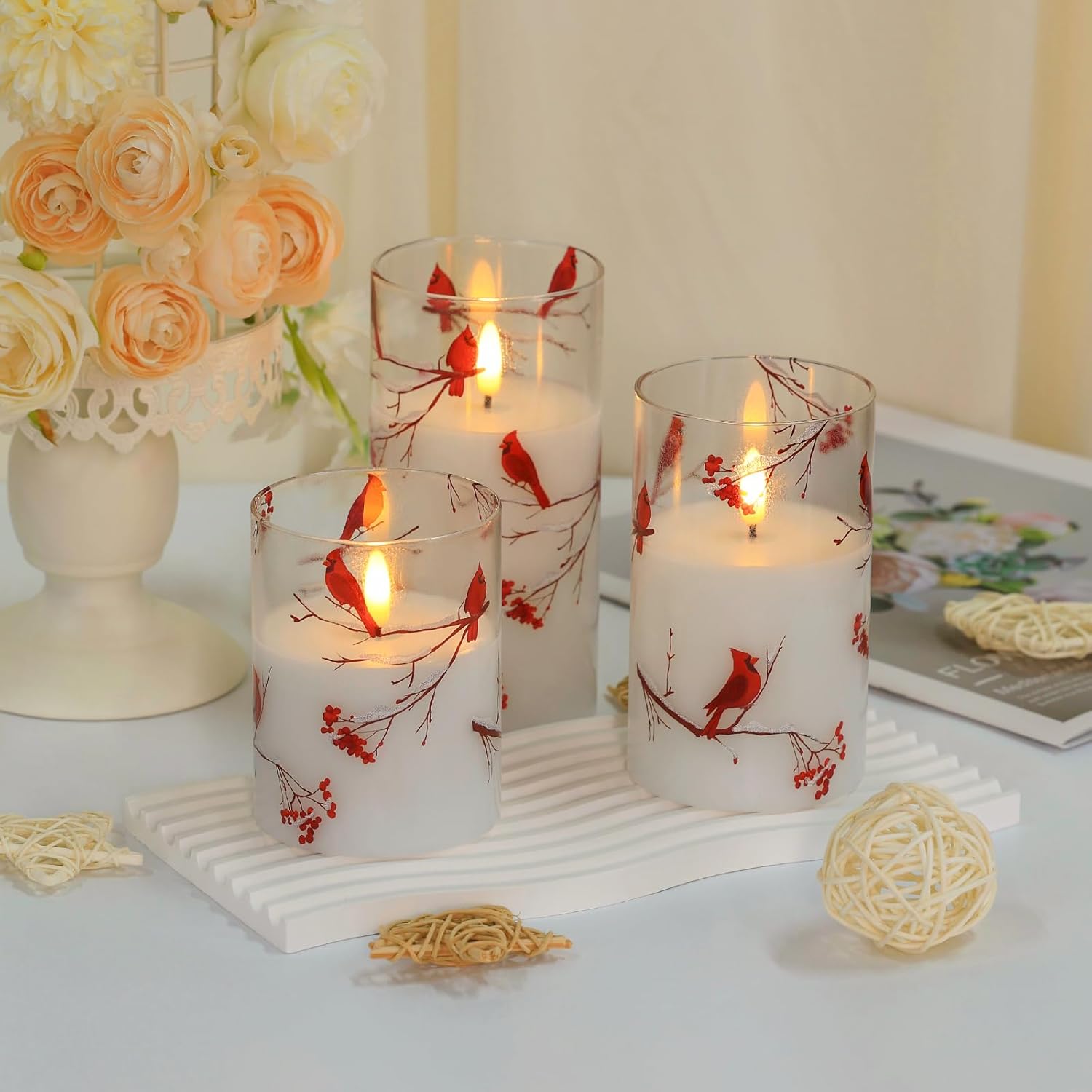 Flameless Candles with Remote, Cardinal Theme Battery Operated Candles with Timer, Real Wax in Glass Red Bird LED Candles for Party, Holiday Festival, Home Indoor Decor, Set of 3 - Image 4
