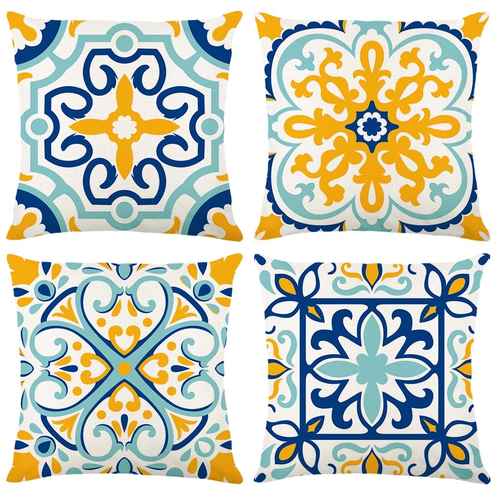 IcosaMro Outdoor Waterproof Cushion Covers for Garden Bench Set of 4 18"x 18" Decorative Pillows Green Blue Yellow Geometry Boho Throw Pillow Covers Pillowcase