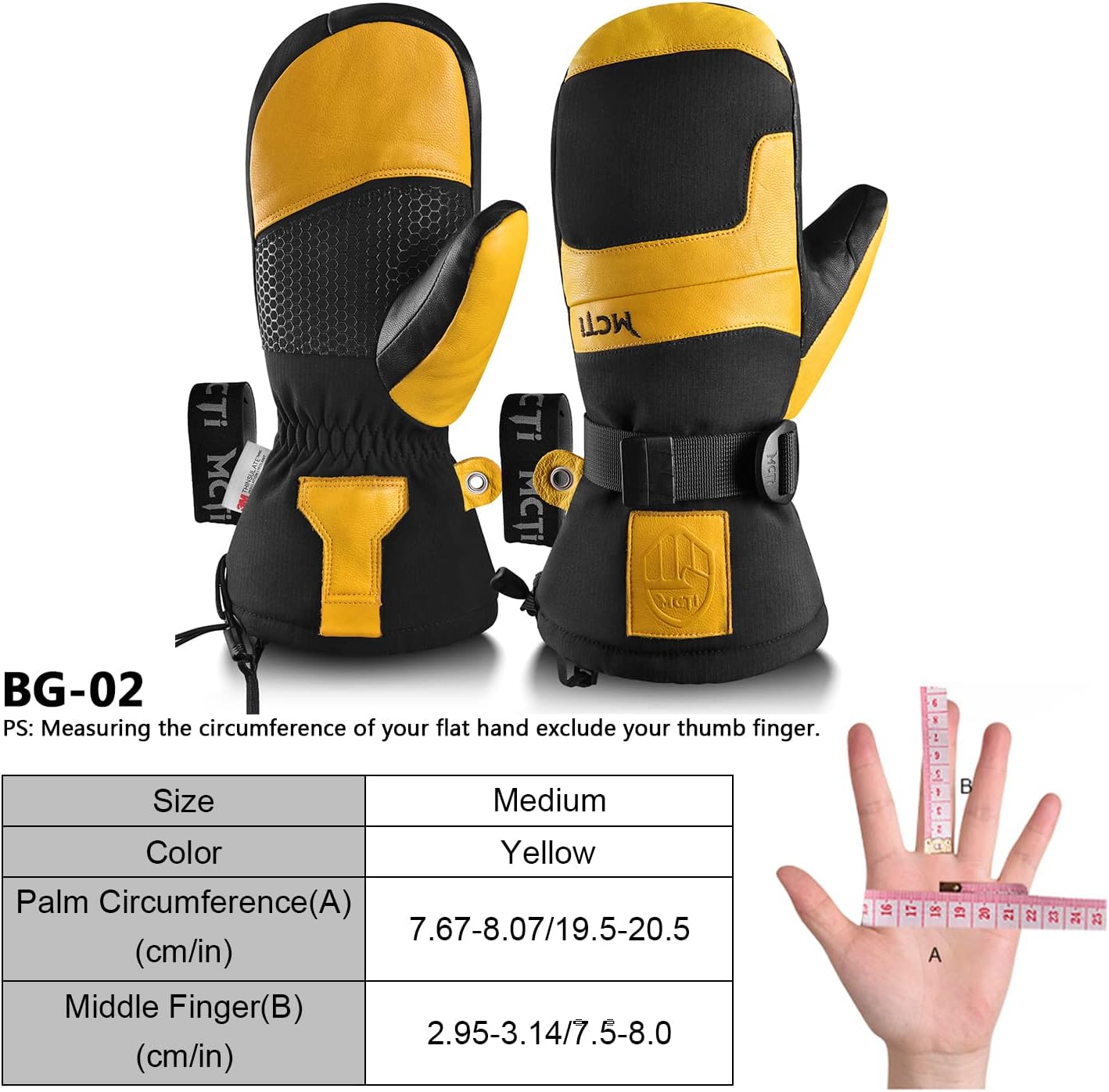MCTi Mens Ski Gloves MC1605 One Pair(Black, Medium)+Goatskin Leather ski Mittens BG-02 One Pair(Yellow, Medium)