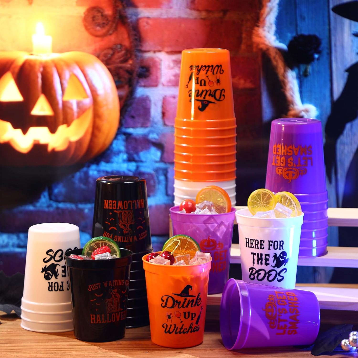 Nuenen 72 Pcs Halloween Plastic Cups 16oz Colorful Cocktail Cups Bulk Reusable Drinking Tumbler with Pumpkin Ghost Witch Hat Skull Pattern for Beer Beverage Halloween Home Party Decoration Supplies