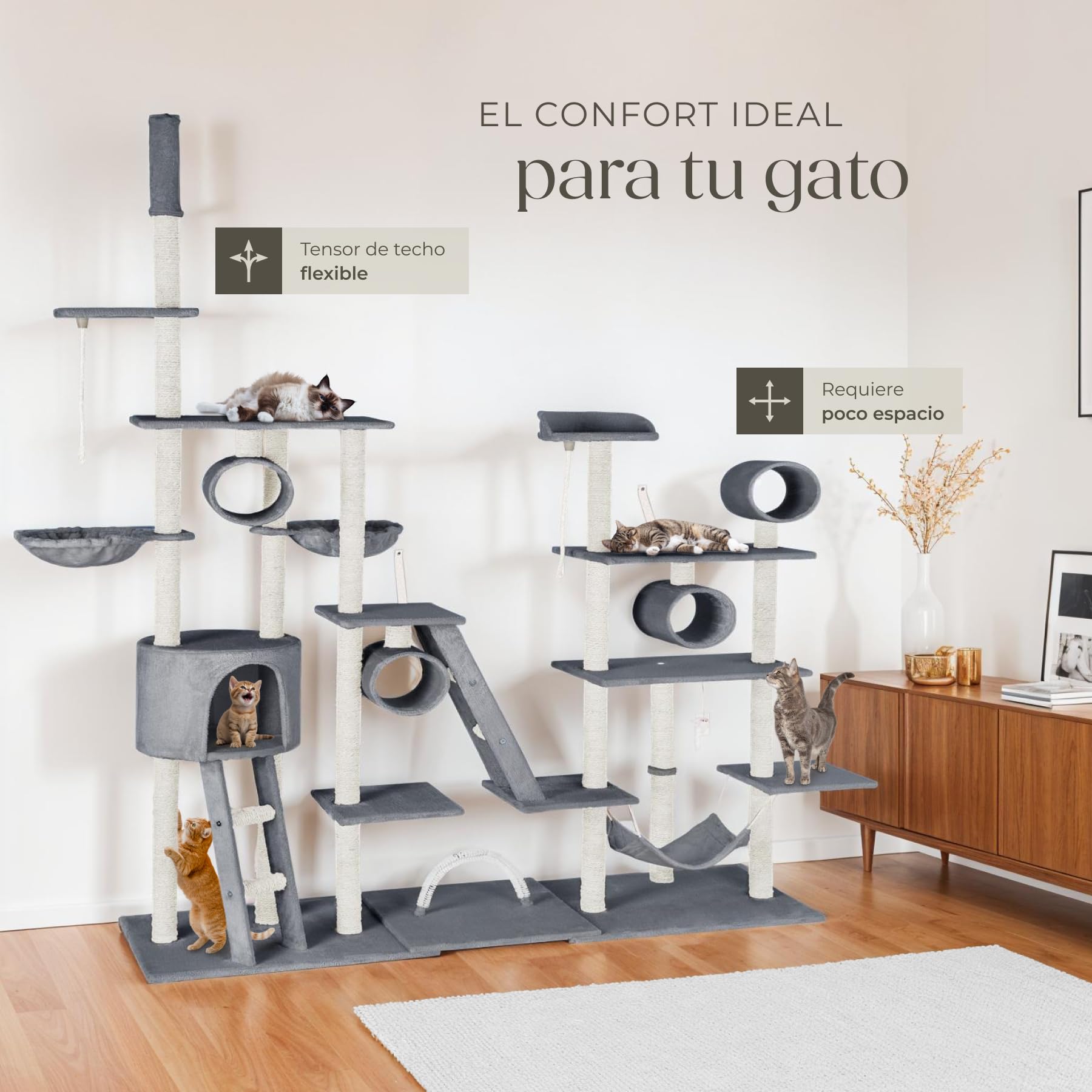 tectake® árbol rascador para gatos, con casita, 2 nidos giratorios, plataforma, hamaca, sistema antivuelco, ratón de juguete, cama para gatos, rascador gato, postes de sisal - 261 cm alto Gris