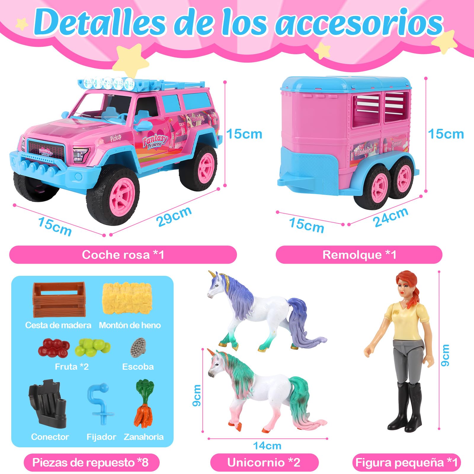 Charmofun Remolque para Caballos de Juguete, Remolque para Caballos con Sonido y Luces (Incluye Coche, Figura, 2 Unicornios, 8 Accesorios), Juguete de Caballos para Niños a Partir de 3 Años