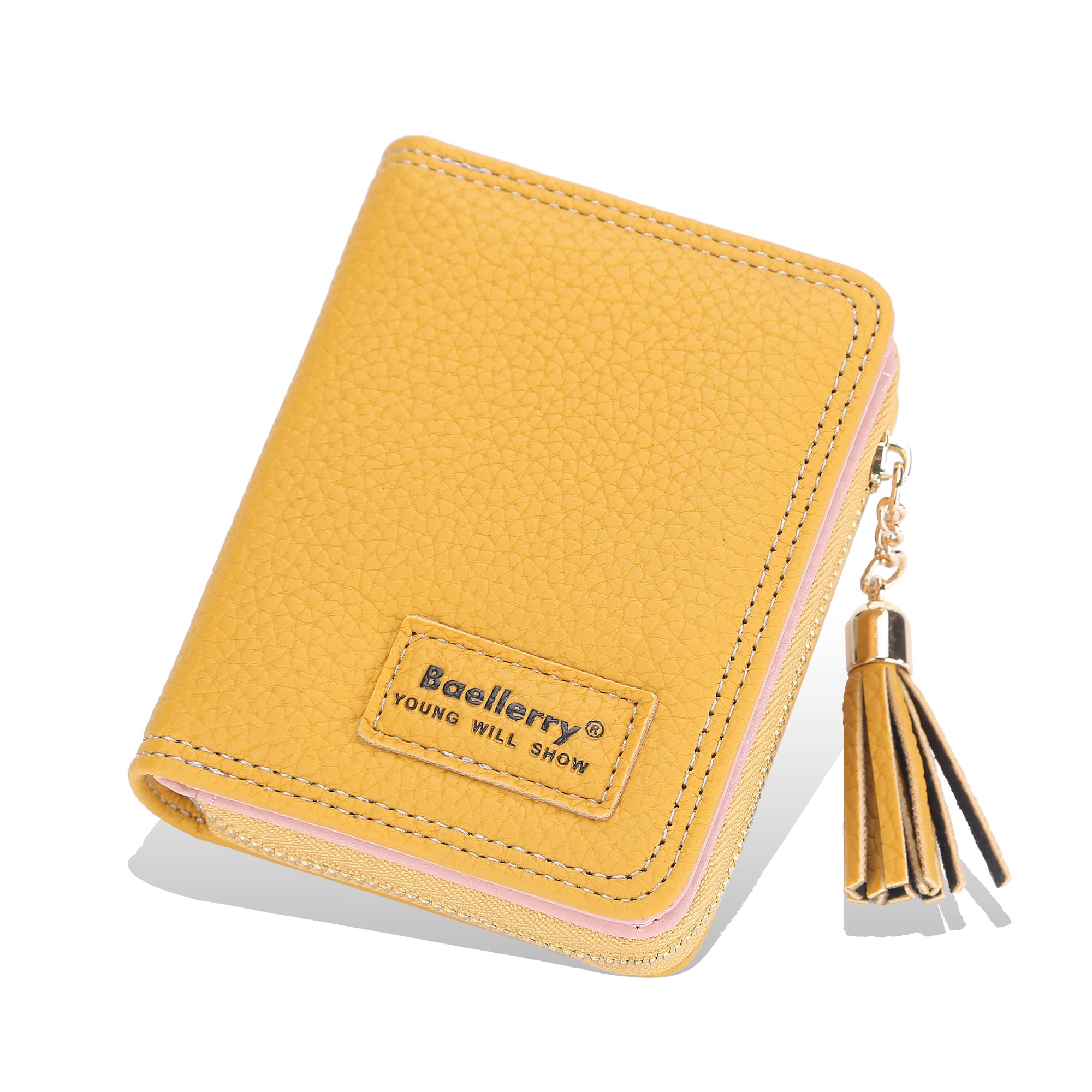 Womens Small Bifold Leather Wallets Rfid Ladies With Card Slots Id Window Zipper Purse, Yellow, With Tassel ,Zipper Credit Card Case Holder, Rfid Blocking, Compact Size