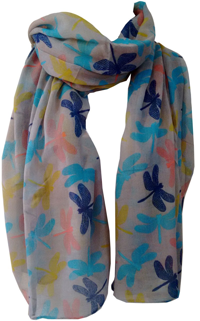 Glamlondon Women's Grey Multi Dragonfly Scarf Flying Chic Dragonflies Printed Dragon Fly Multi Purpose Scarves (Grey Multi)