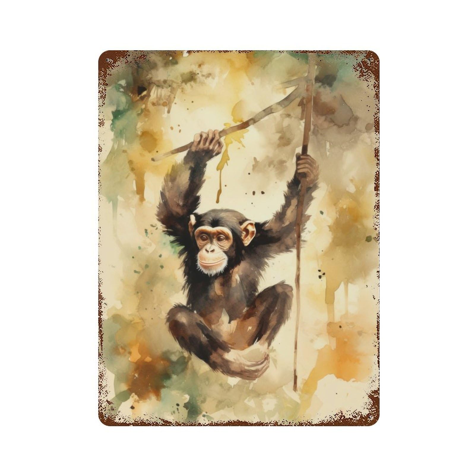 Vintage Rust Metal Sign Chimpanzee Watercolor Painting 15.7"x11.8", Decorative Metal Wall Art for Basement, Hobby Room And Garage Decor
