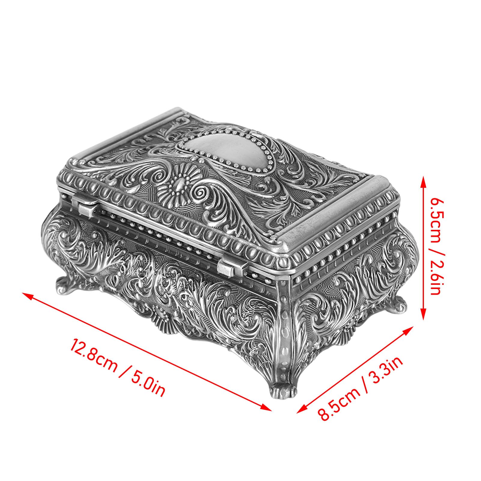 Metalowe pudełko na biżuterię w stylu vintage - prostokątne etui do przechowywania drobiazgów w antycznym srebrze - elegancki nizer na akcesoria, prezenty i pamiątki