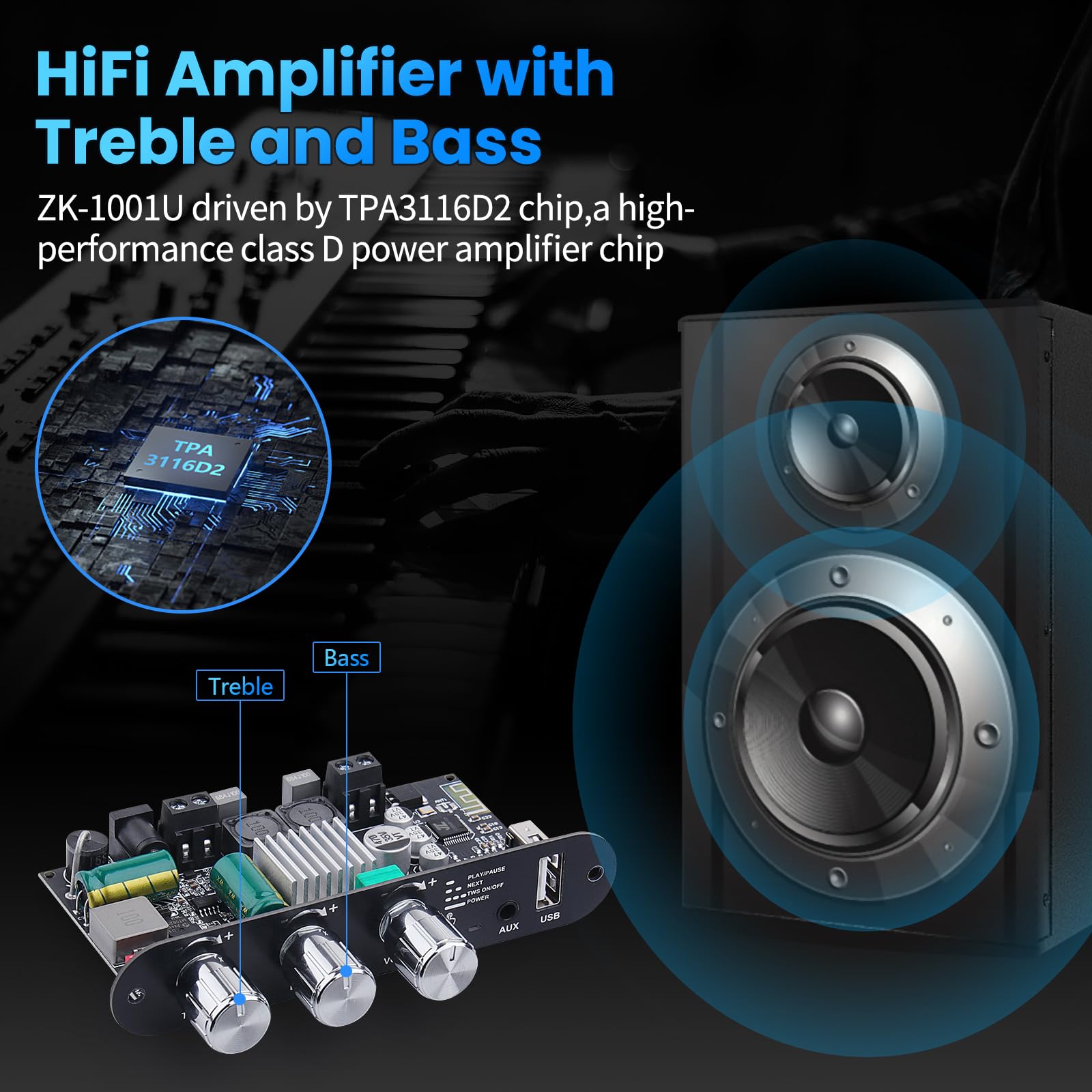 ZK-1001U Amplificateur audio Bluetooth 5.3 100W Stéréo HiFi avec entrée TB/USB/AUX