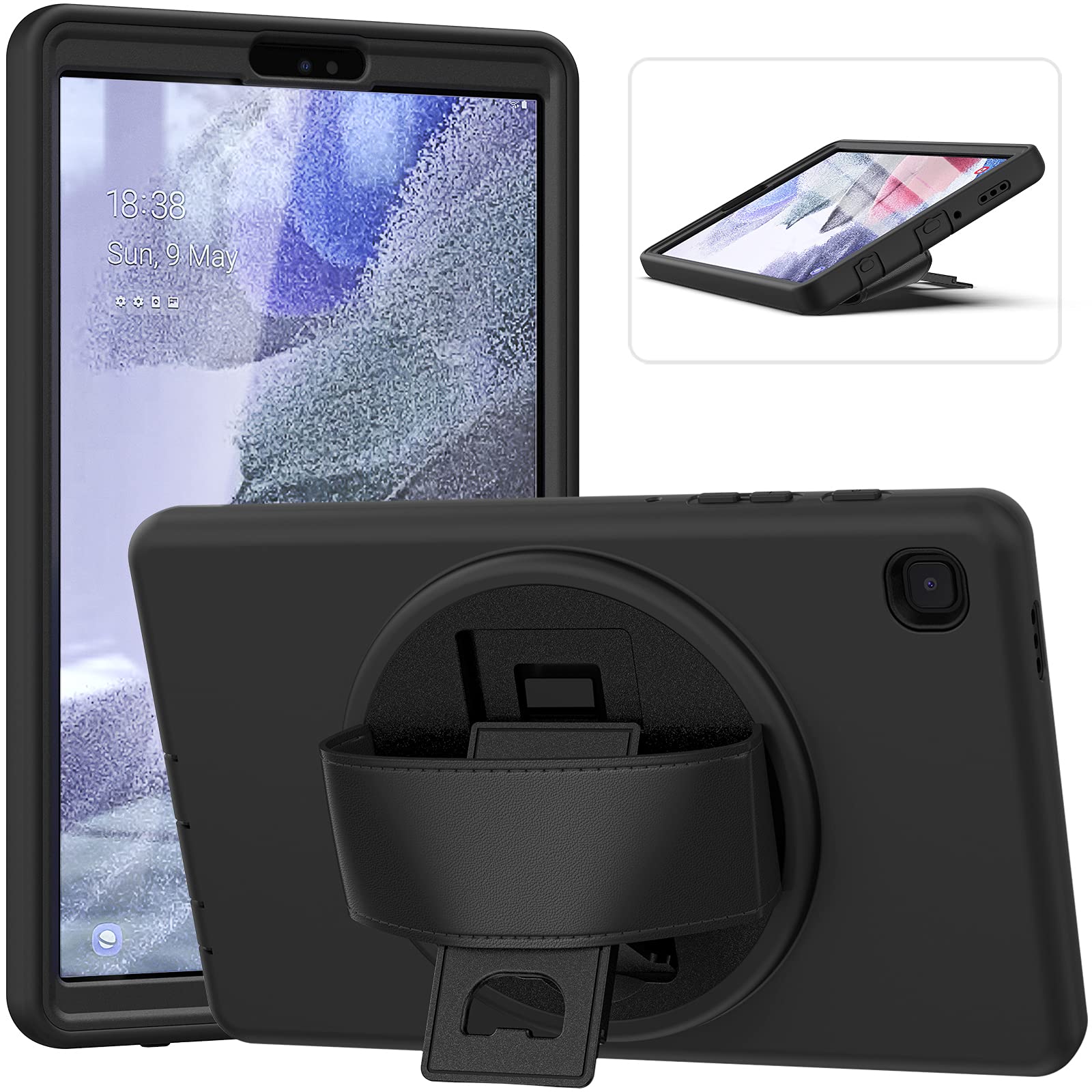 Junfire Galaxy Tab A7 Lite Case with Screen Protector, Samsung Galaxy Tab A7 Lite 8.7" Case with Hand Strap Kickstand, Shockproof Protective Case for SM-T220/T225/T227U-Black