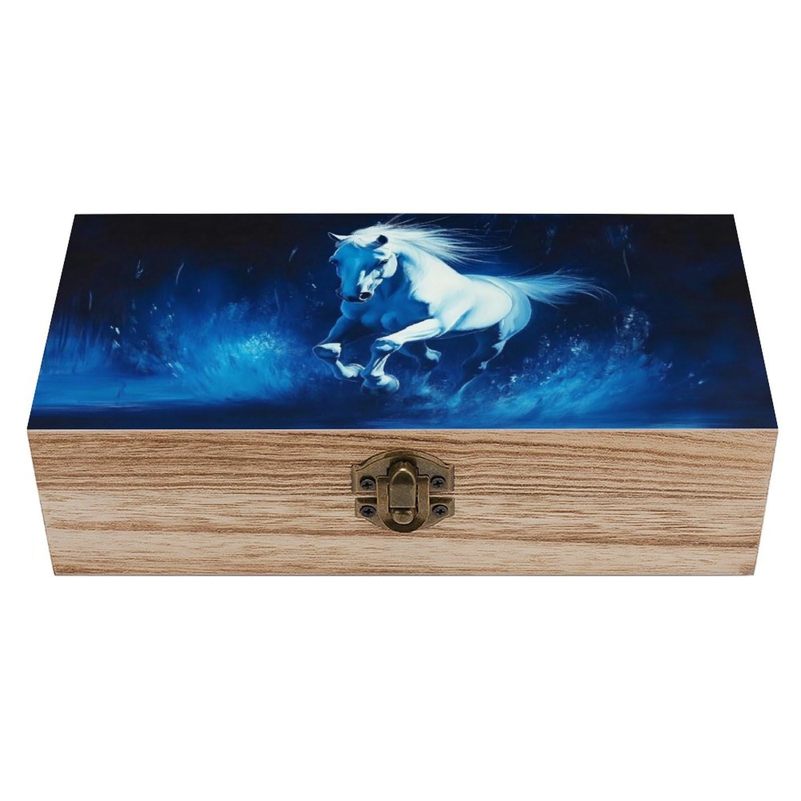 Ahdyr White Horse Galloping in The Dark Blue Wooden Storage Box with Hinged Lid And Front Clasp Large Keepsake Box