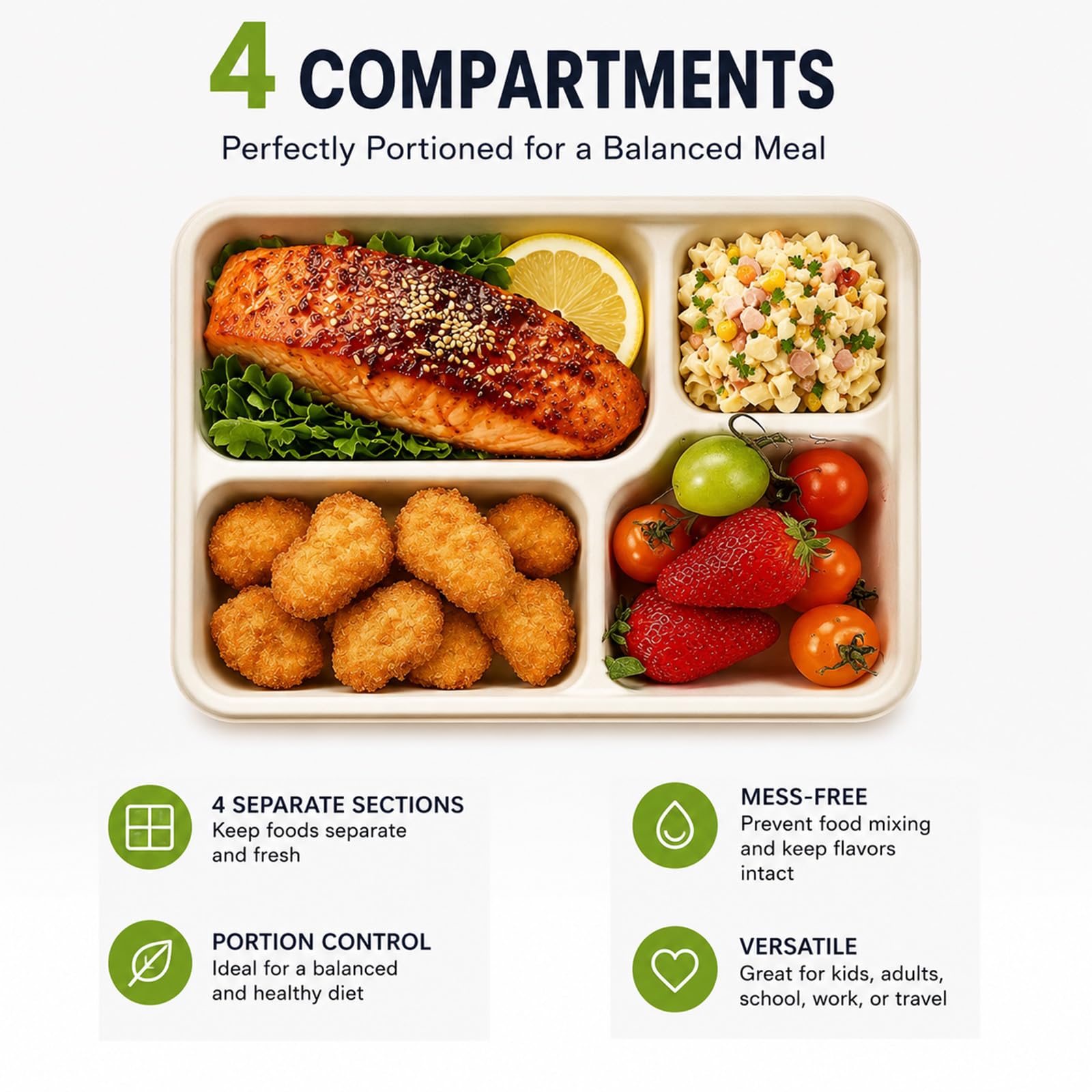 Kaderron Recipientes compostables para alimentos con tapas, 4 compartimentos, paquete de 25 unidades, biodegradables, desechables, a prueba de fugas y apto para microondas para servicio de alimentos