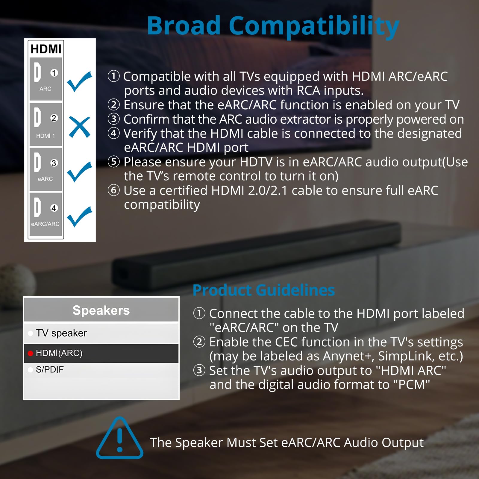 AUTOUTLET HDMI eARC/ARC Audio Extraktor, 192kHz eARC ARC zu RCA Audio Konverter, All-in-One 150cm HDMI ARC/eARC auf RCA Adapter unterstützt ECE & PCM 2.0 für TV zu Soundbar Lautsprecher Heim-Stereo