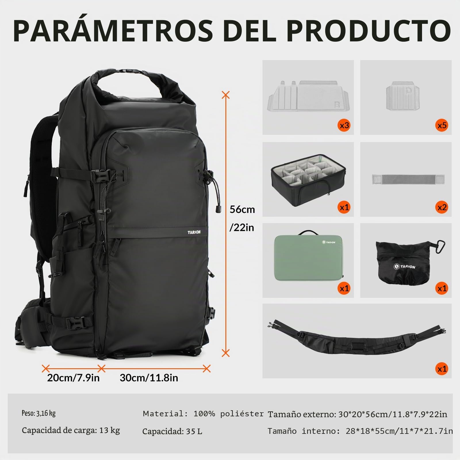 TARION Mochila Fotografía Expandible Senderismo - 35L Mochila Cámara Urbana Impermeable - Espacio Drone Trípode Portátil 16 Pulgadas DSLR SLR XProber