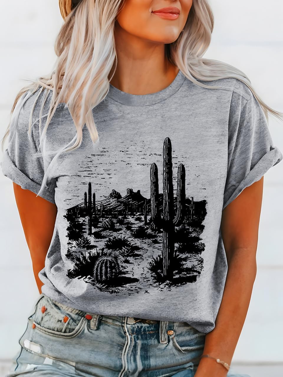 Women Vintage T Shirt Short Sleeve Summer Cactus Tshirt Funny Graphic Tees - Image 2
