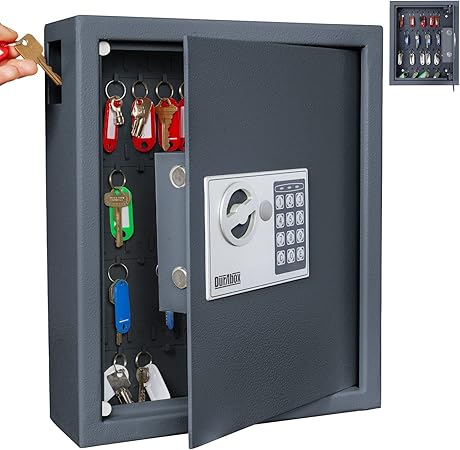 DuraBox 40 Keys Cabinet with Digital Lock - Electronic Key Safe, Steel Lock Box with Drop Slot for Key Returns and Safe Storage - Wall Mountable Key Lock Box with Bolts, Key Tags (Dark Grey)