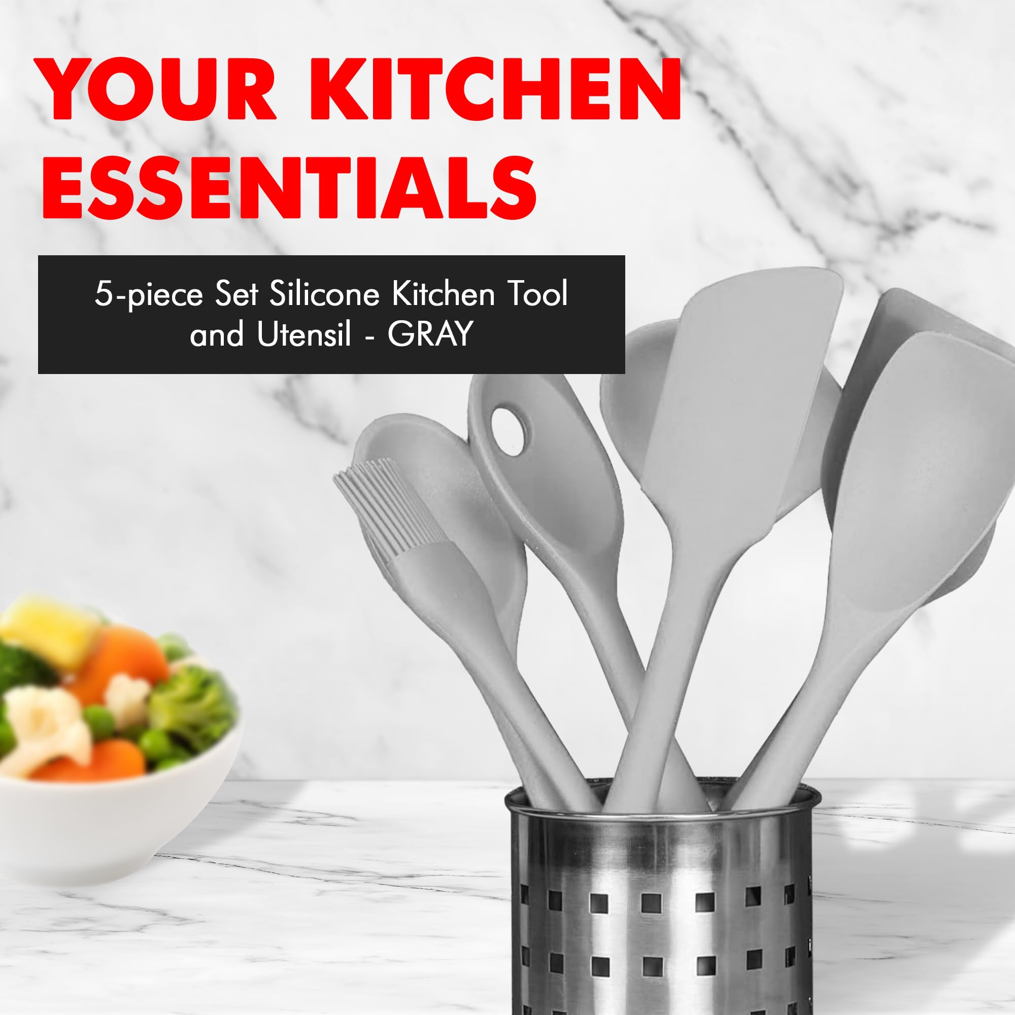 Chef Craft Juego de utensilios y utensilios de cocina de silicona premium, 5 piezas, gris
