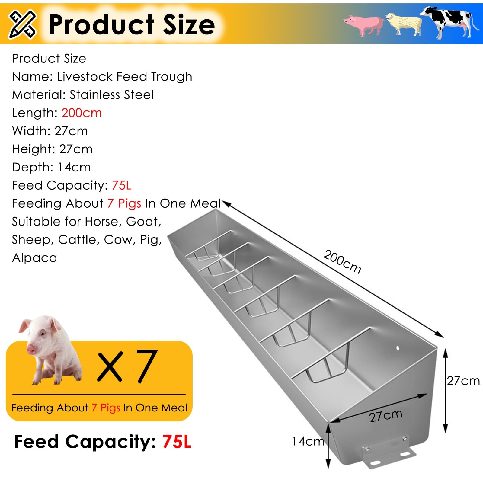 Mangiatoia, Kit mangiatoia per suini in Acciaio Inox Resistente, mangiatoia sospesa/a Terra con Recinzione per bovini, Ovini, Cavalli, suini - Capannoni agricoli, 200x27x27cm