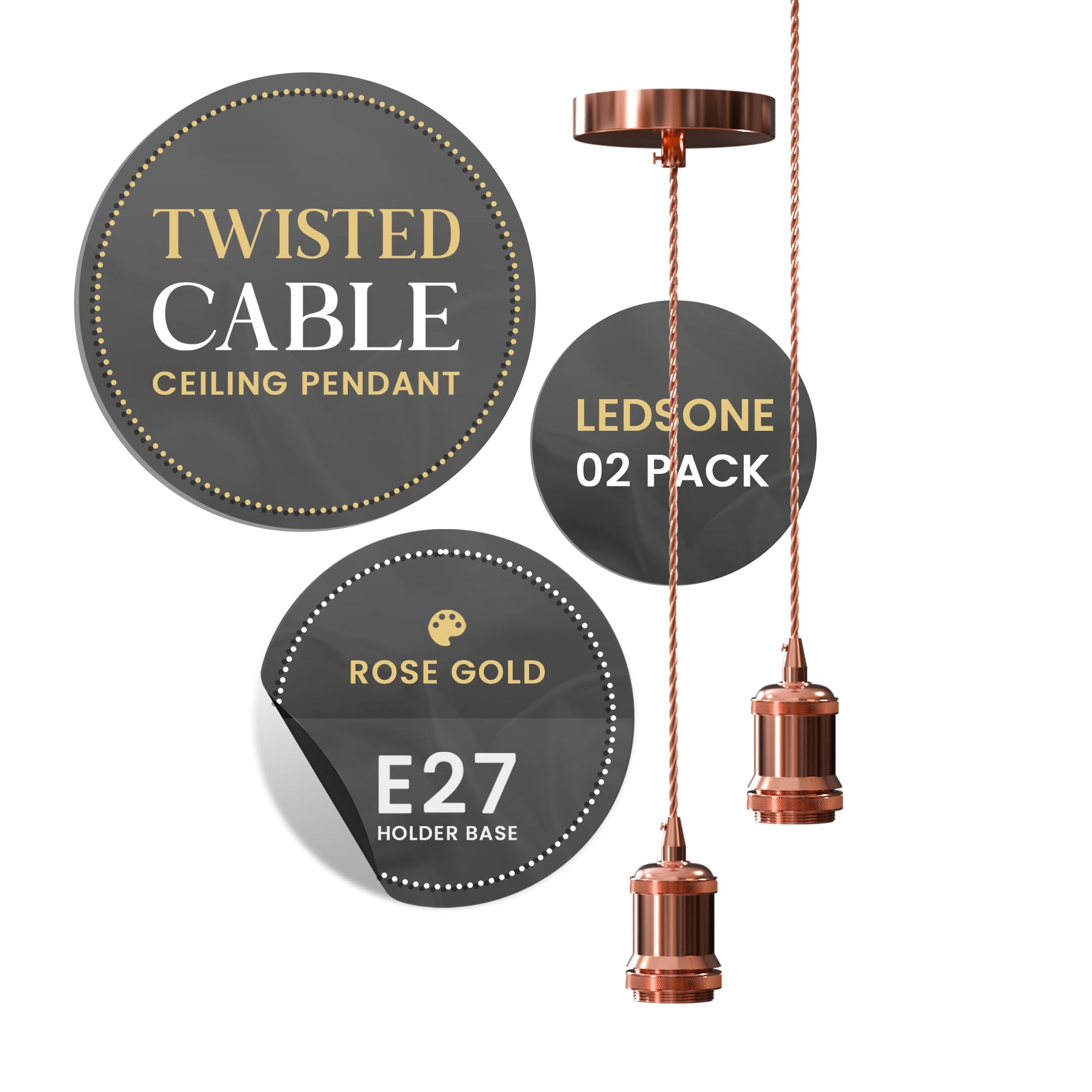 LEDSone Rose Gold Pendant Light Kit 2 Pack E27 Vintage Industrial Hanging Ceiling Light with 95cm Adjustable Braided Cable for Kitchen Island, Dining Room & Bedroom