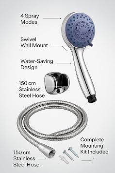 Busstier Spiral Shower Head Set, 4 Function Chrome Shower Head, 150 cm Shower Hose, Articulated Head, Including Screw and Dowel, Water Saving, Wall Mounted Bathroom Set