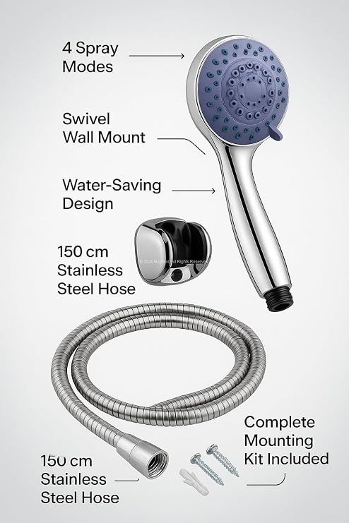 Busstier Spiral Shower Head Set, 4 Function Chrome Shower Head, 150 cm Shower Hose, Articulated Head, Including Screw and Dowel, Water Saving, Wall Mounted Bathroom Set