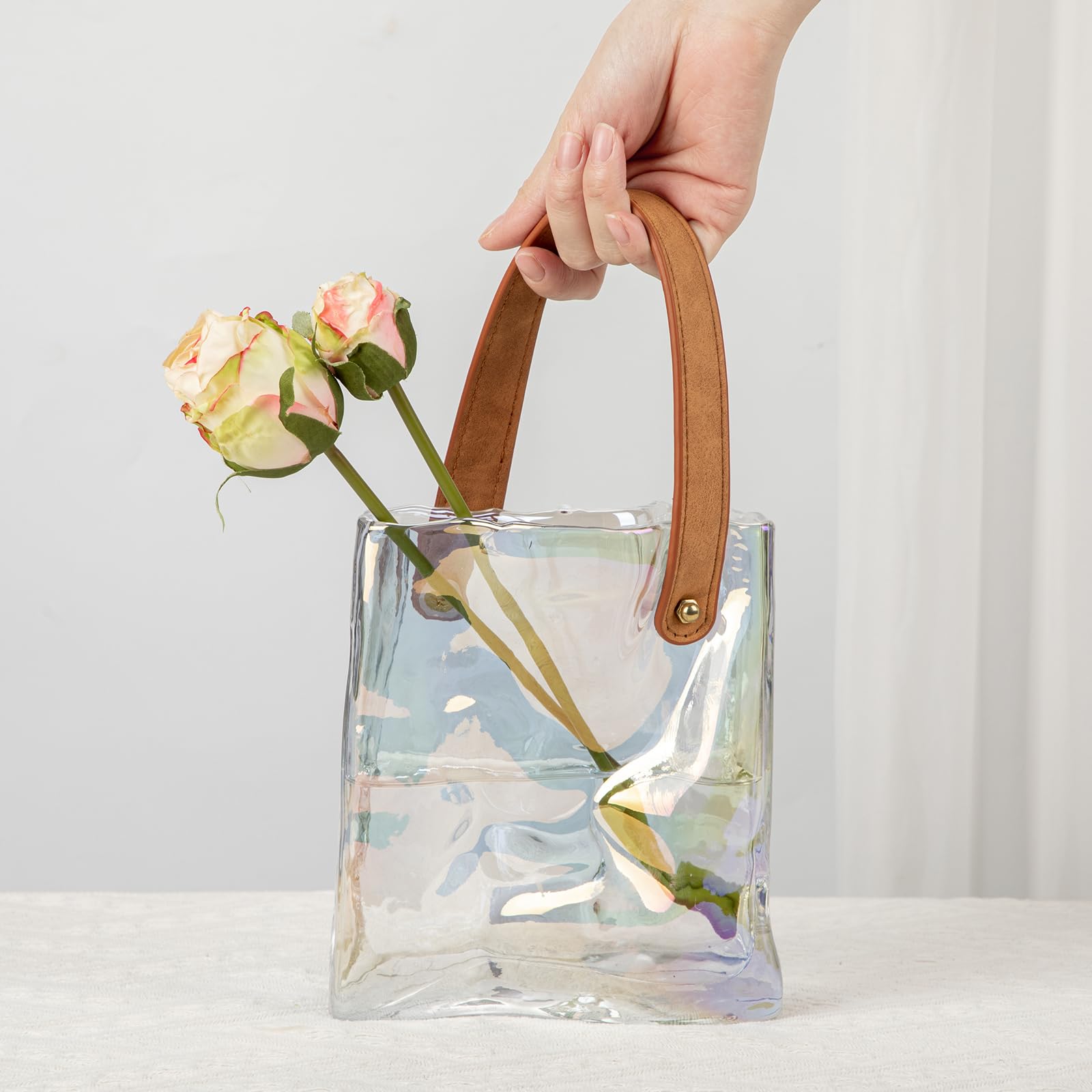 Hollyone 17cm Thickened Glass Vase for Flowers Iridescent Clear Flower Vase for Room Decor Aesthetic Unique Vases with Handle for Wedding Living Room - Image 4