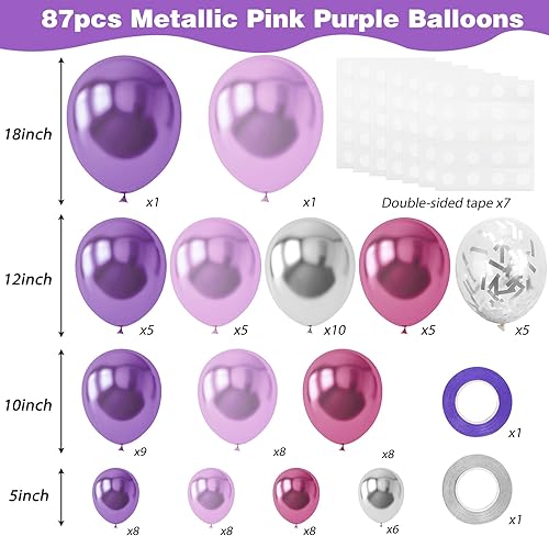 Miniatura 2 de RUBFAC Kit de arco de guirnalda de globos de color rosa y morado metálico, 87 unidades, 18, 12, 10, 5 pulgadas, globos de látex de confeti rosa,