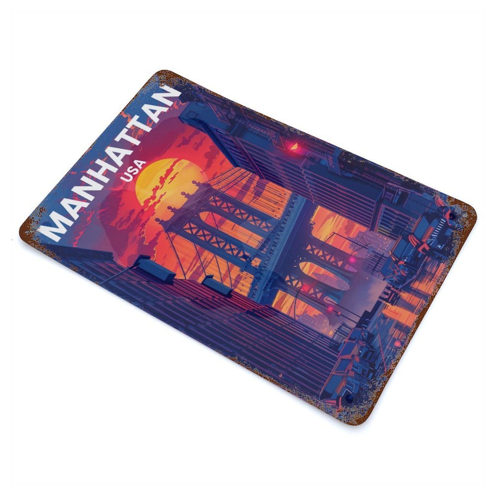 Garage Style Manhattan Travel Poster Distressed Metal Wall Sign 11.8"x7.9", Decorative Metal Wall Art for Bar And Workshop