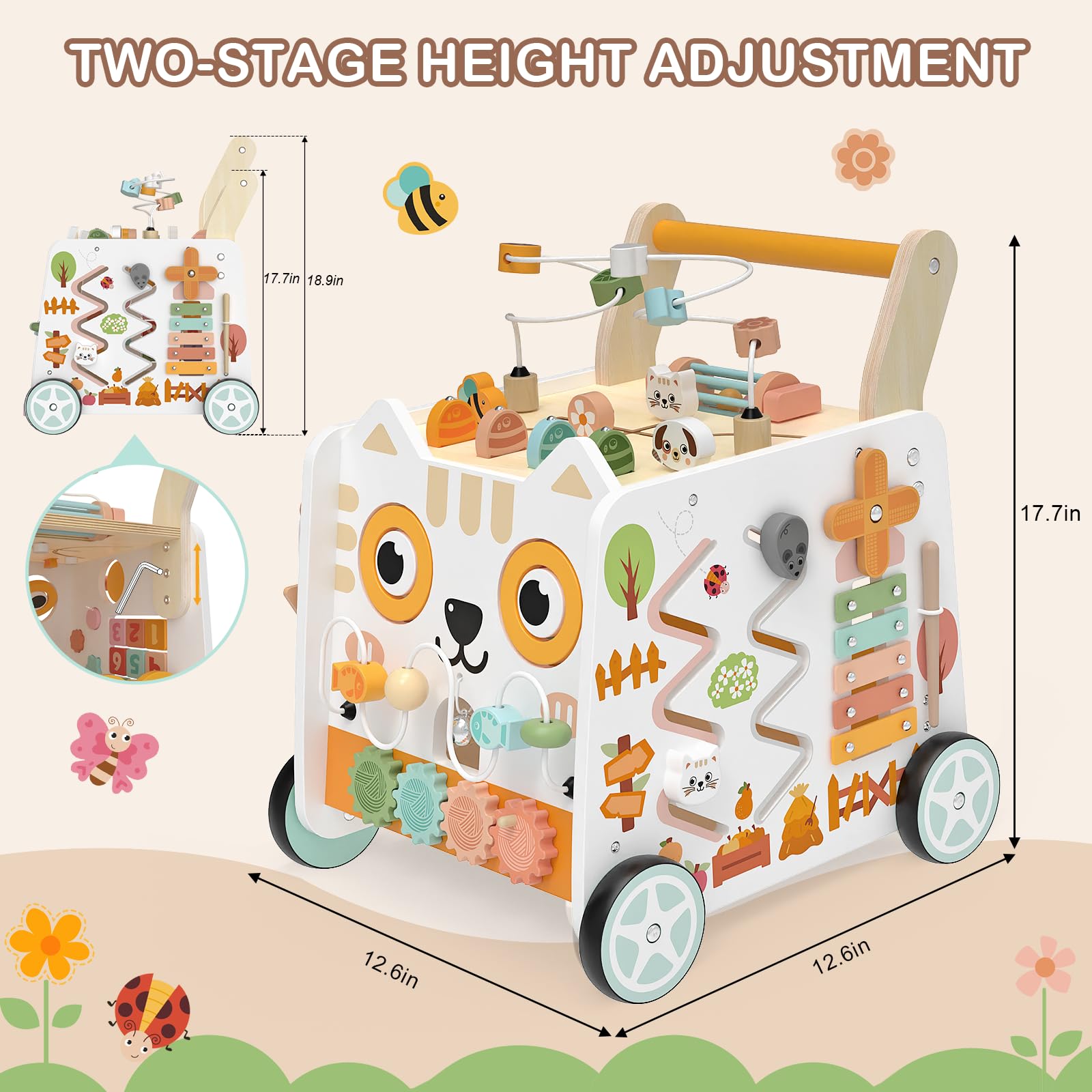 Carrello Primi Passi Legno Montessori 16-in-1, Girello 3+ Anni | Cubo Attività 16-in-1: Labirinto di Perline, Xilofono, Selezionatore di Forme — Gioco Montessori da 3+ Anni