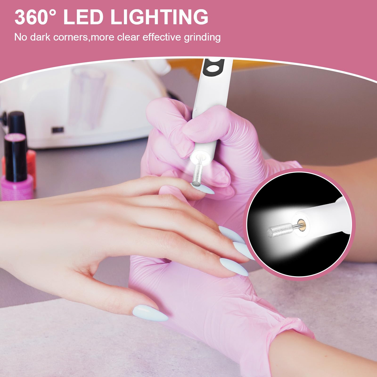 Taladro de uñas inalámbrico, taladro eléctrico de uñas con luz LED de 360° y pantalla LCD, lima de uñas eléctrica de bajo ruido, herramientas de pedicura para pies, cuidado de manos y pies, taladros