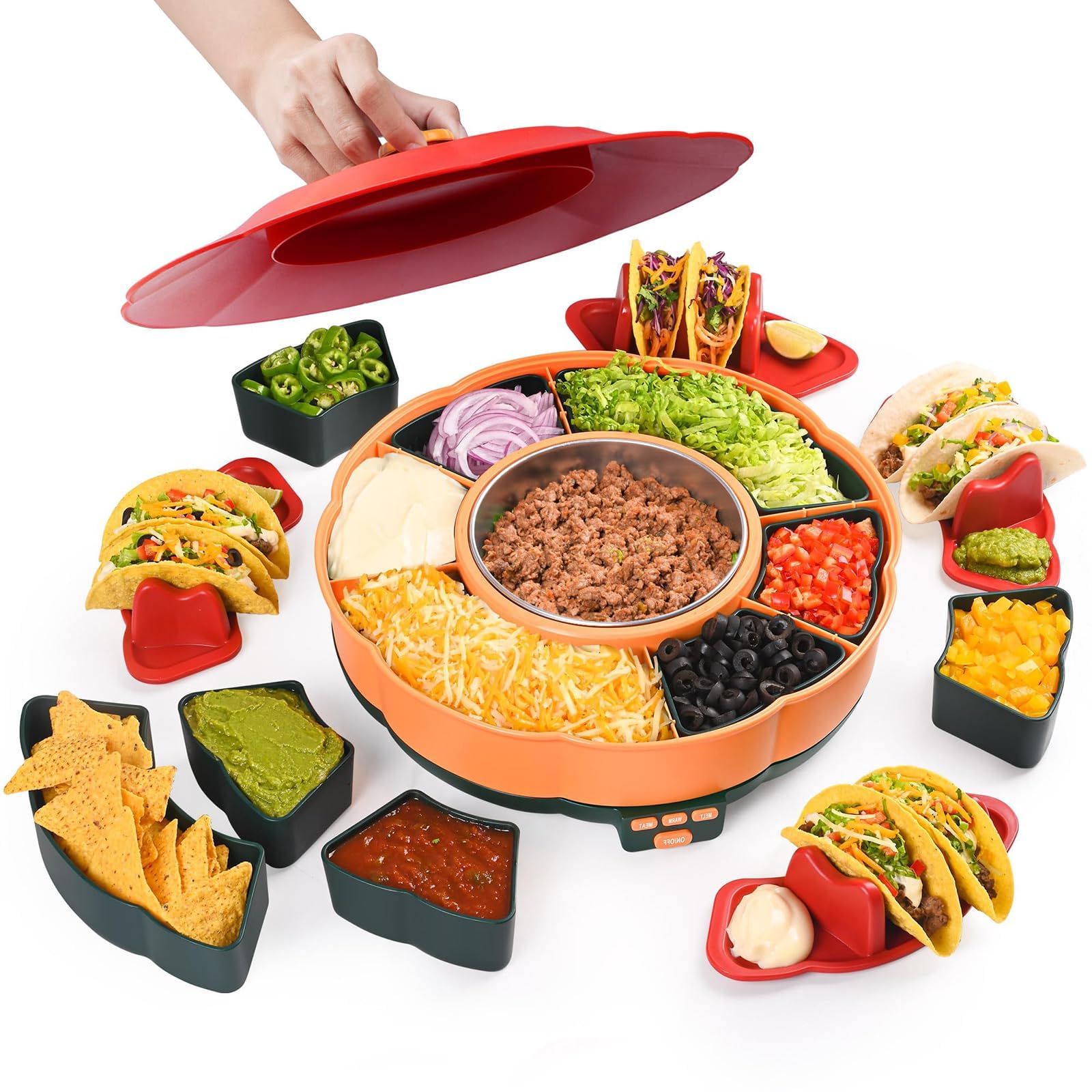 Taco Bar Servierset mit Taco-Haltern und herausnehmbaren Fächern, ideal für Nachos und Partyunterhaltung, inklusive 3-Temperaturregelung