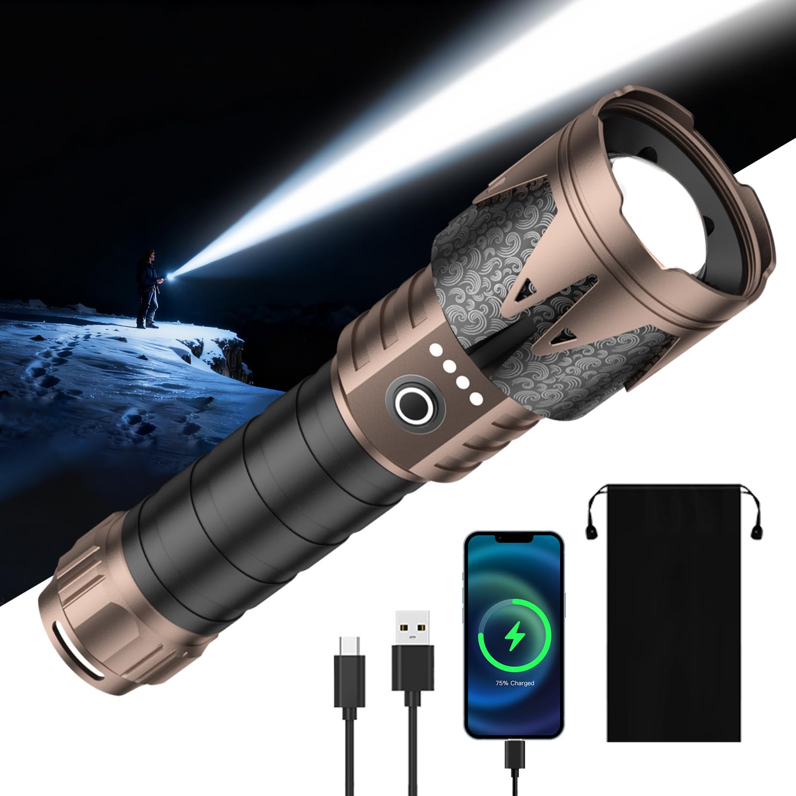 SKYFIRE LED Flashlights High Lumens Rechargeable,5000mAh Super Bright Tactical Flashlights,Zoomable,6 Modes,Waterproof Flash Light for Camping