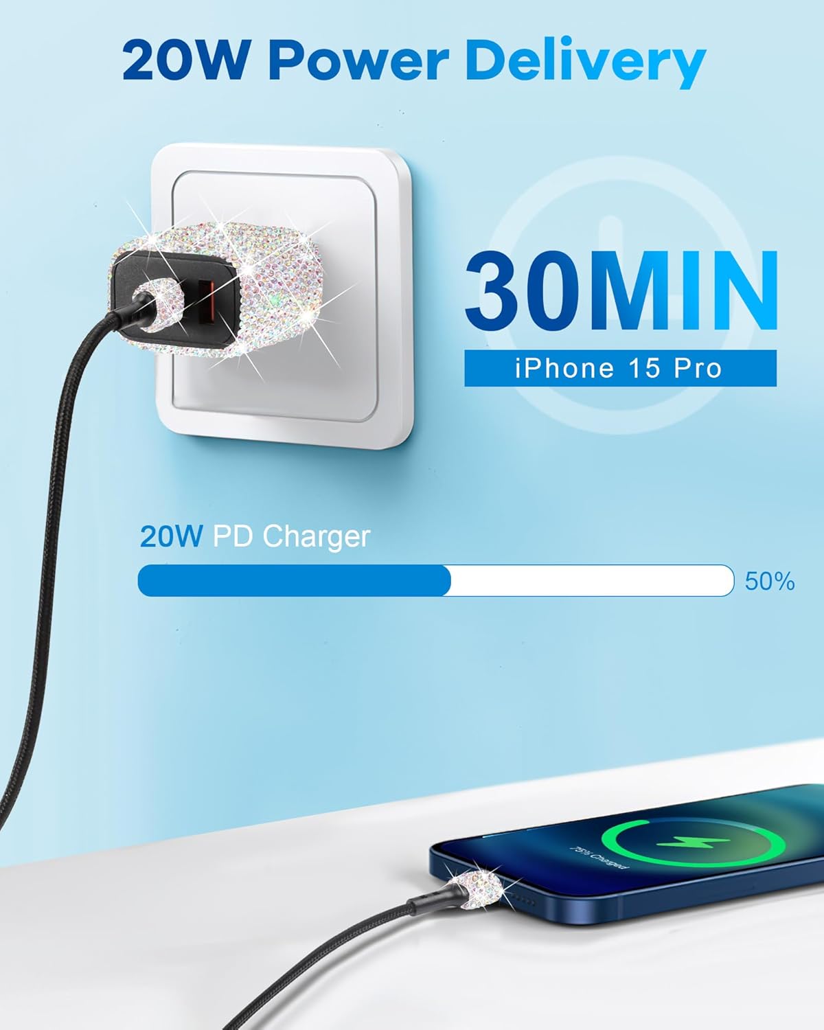 Bling USB C Wall Charger, 20W PD QC Dual Port Fast Adapter with 3.2FT Type-C Charging Cable Compatible for iPhone 17 16 15 Pro Max iPad Android S23/S22/S21/Plus/Ultra/S10/Note (Multicolor) - Image 4