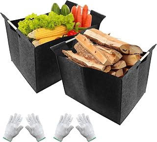 Firewood Basket, Felt Firewood Basket with Wooden Handles, Felt Log Baskets for Fireplaces with Two Pairs of Gloves, Multi-Use Felt Bags for Wood, Newspaper, Magazine, Toy, Clothes