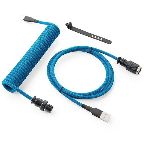 GUNMJO Pro Cable USB C en Espiral Personalizado para Teclado de Juegos, Cable de Teclado Mecánico de Doble Funda con Aviador Metálico Desmontable,