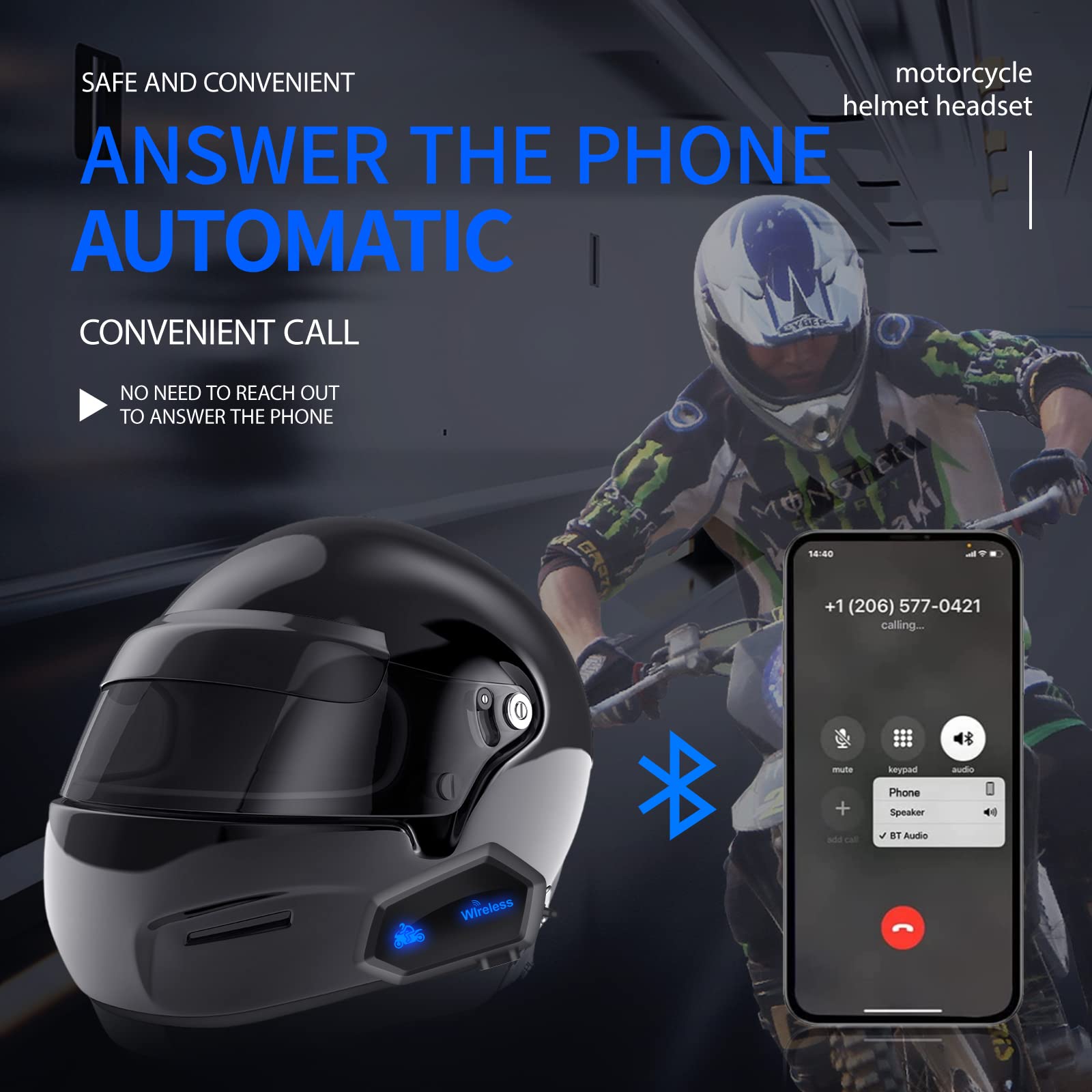 OBEST Casque de Moto Bluetooth 5.0 Sans Fil Étanche, Contrôle Musique, Mains Libres, Suppression du Bruit, Connecte 2 Téléphones, Appelle Siri, Pour Cyclisme, Ski, Course