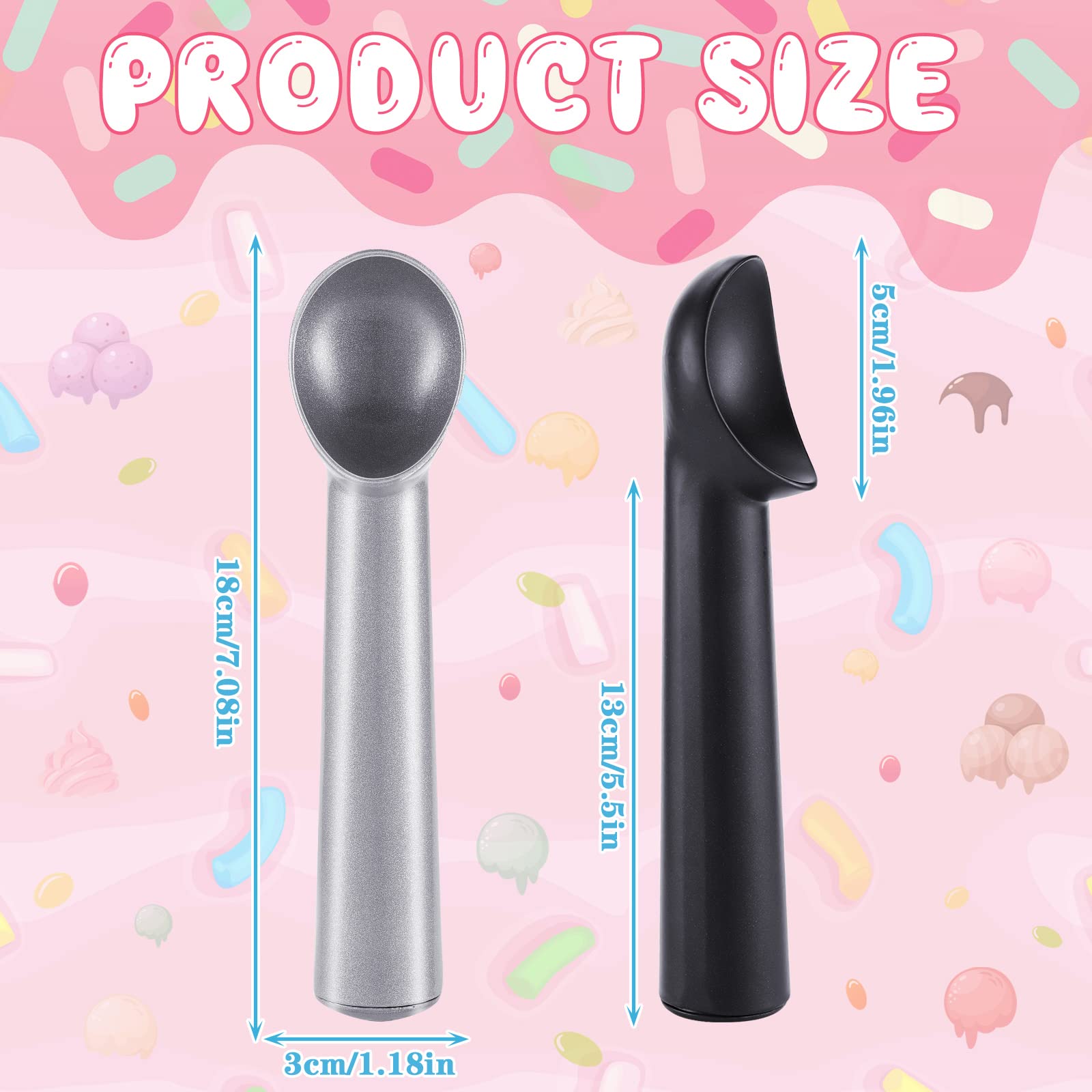 Gejoy Lot de 8 cuillères à crème glacée antiadhésives de 17,8 cm en aluminium pour gelatos, yaourt, fruits, sundaes, sorbet, amande, pâte à biscuits, noir et argenté