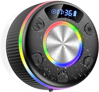 Bluetooth Lautsprecher Dusche, musikbox Bluetooth mit HD Mic, RGB Lichtshow, Zeitangabe, Mini Duschlautsprecher mit Saugnapf, 8H Stereo Sound Tragbare Speaker, IP7 Wasserdicht für Badezimmer, Schwarz