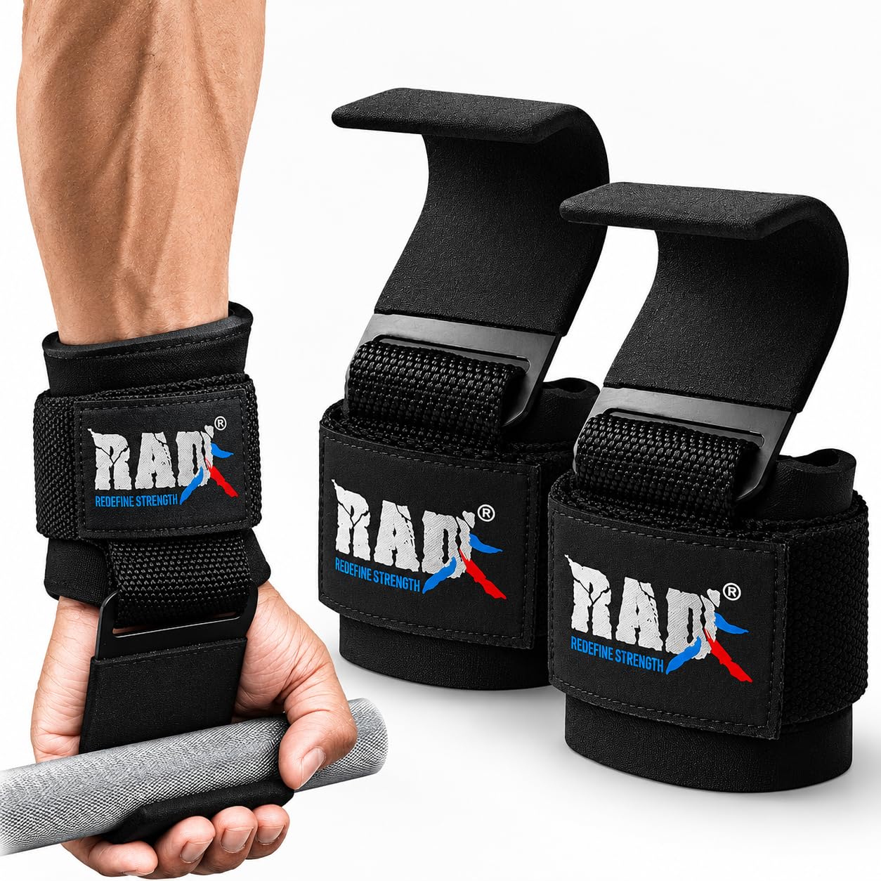 RAD Weight Lifting Hooks for Men & Women – Heavy Duty Gym Hooks with Thick Wrist Padding – Lifting Straps with Hooks for Deadlifts, Pull-Ups, Rows & Powerlifting – Black (Pair)