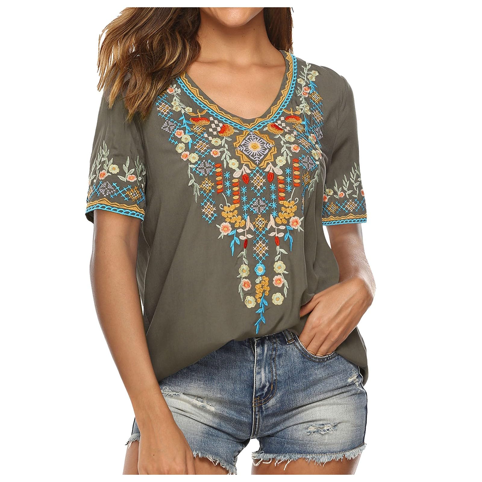 Tops Mujer Blusa Boho para Mujer con Detalles Bordados Manga Corta Holgada y Confortable para el Verano