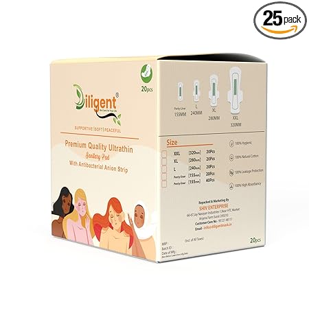 Diligent-We Care For Your life Ultra Soft Anion Sanitary Pad for Women - Rash Free Pads For All Skin Type, Offer pack- Buy 20 pads Get 5 Pantyliner free Pack of 25 Napkins, XX-large (320mm)