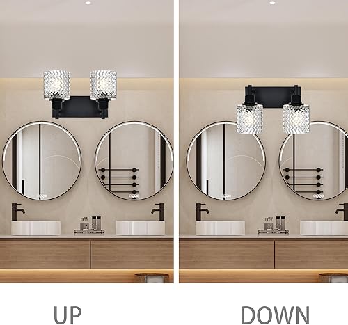 Miniatura 7 de Lámparas de baño negras 4 luces con vidrio martillado, luz de tocador de casa de campo, color negro mate, luz de tocador de baño, iluminación