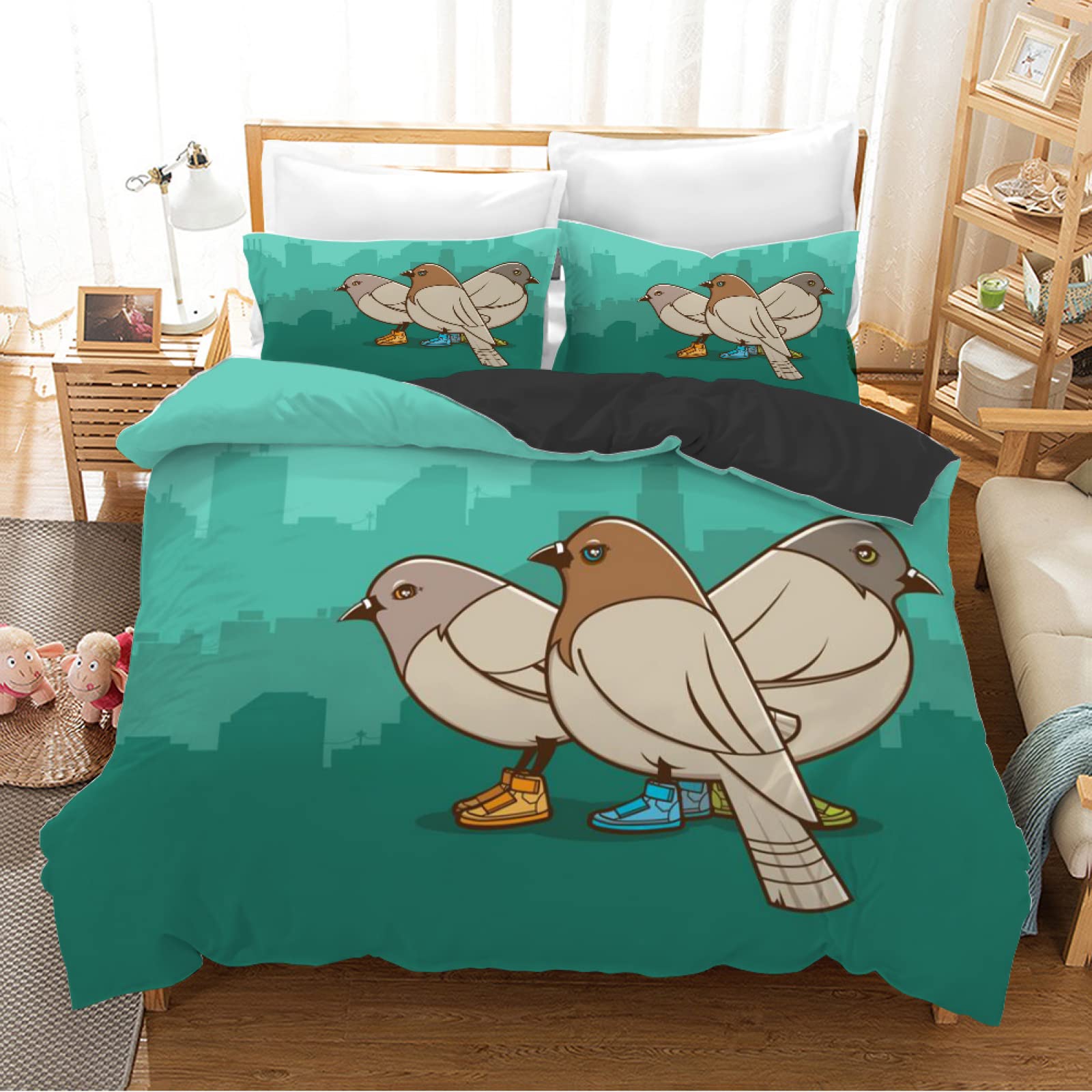 Housse de couette 160x200 zippée facile à enfiler en microfibre verte oiseau