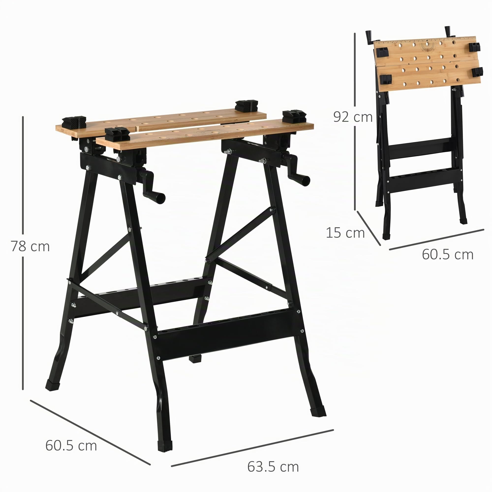 HOMCOM Banco da Lavoro Pieghevole 4 Morse Portata 150 kg Nero e Legno | Riga e Goniometro, Tavolo da Lavoro Regolabile e Portatile, per Casa e Fai da Te