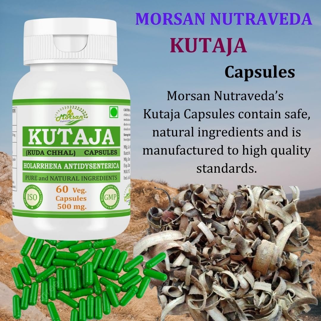 Morsan Nutraveda’s Kutaja (Holarrhena Antidysenterica) Capsule | Highest Potency, 100% Natural Product | Pack of 60 x 500 mg. Veg. Capsules (4)