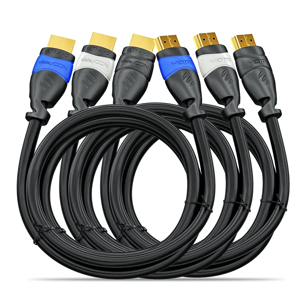 deleyCON 3x 1m Set di Cavi HDMI Compatibili con HDMI 2.0a/b/1.4a - UHD 4K HDR 3D 1080p 2160p ARC - Alta Velocità con Ethernet - Blu Grigio Nero