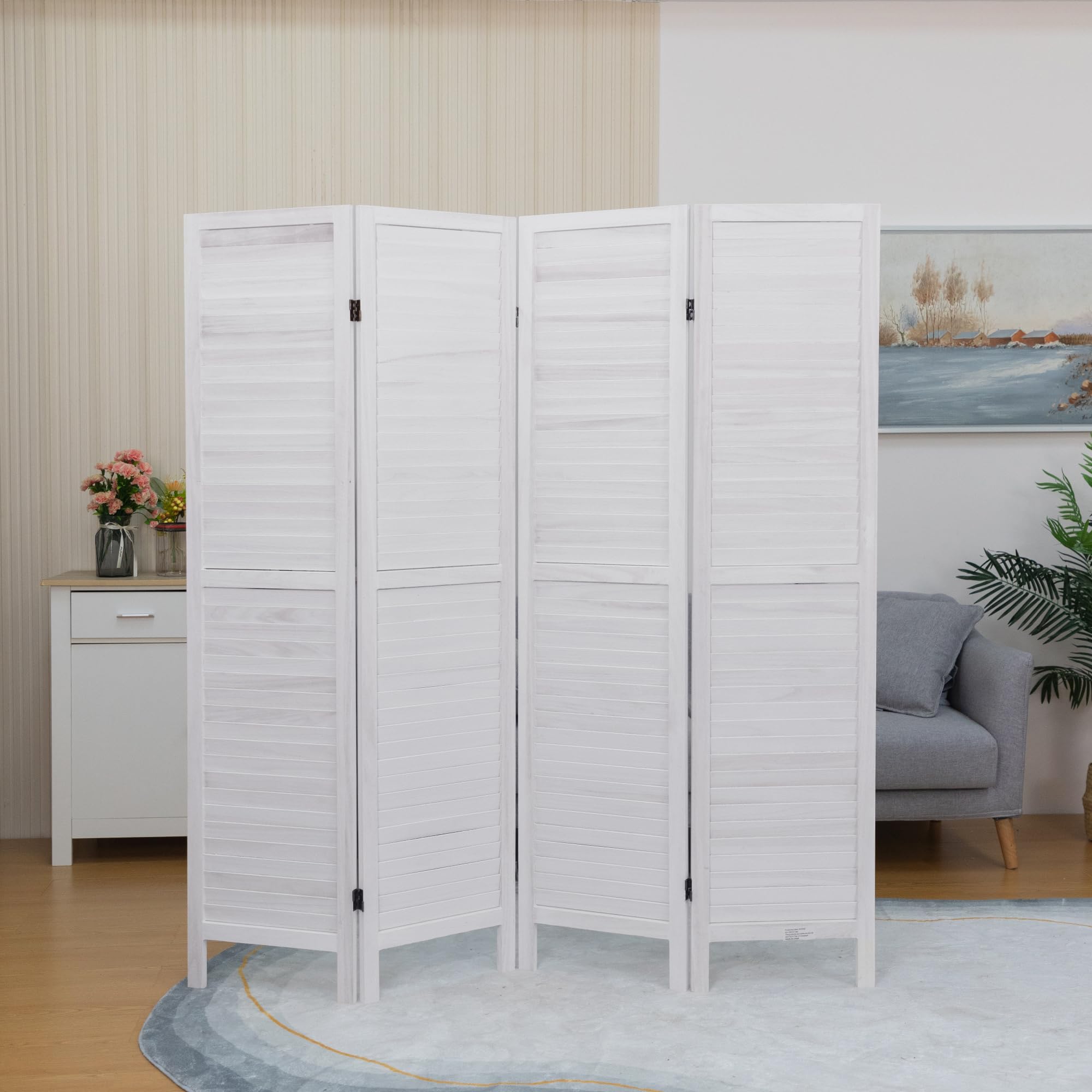 JAXPETY 4 Panel Wood Louvered Room Divider, 5.6 Ft Tall Oriental Folding Freestanding Privacy Screen Room Dividers for Home, Office, Bedroom (White)