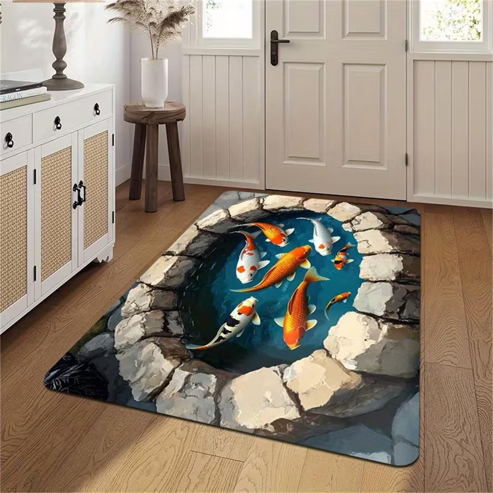USHIRUG Koi Fish Rug for Living Room, 180x230cm，3D Illusion Well Water Orange and White Animal Fish Design Indoor Carpet, Non-slip Washable Modern Area Rugs for Entrance, Bathroom, Office