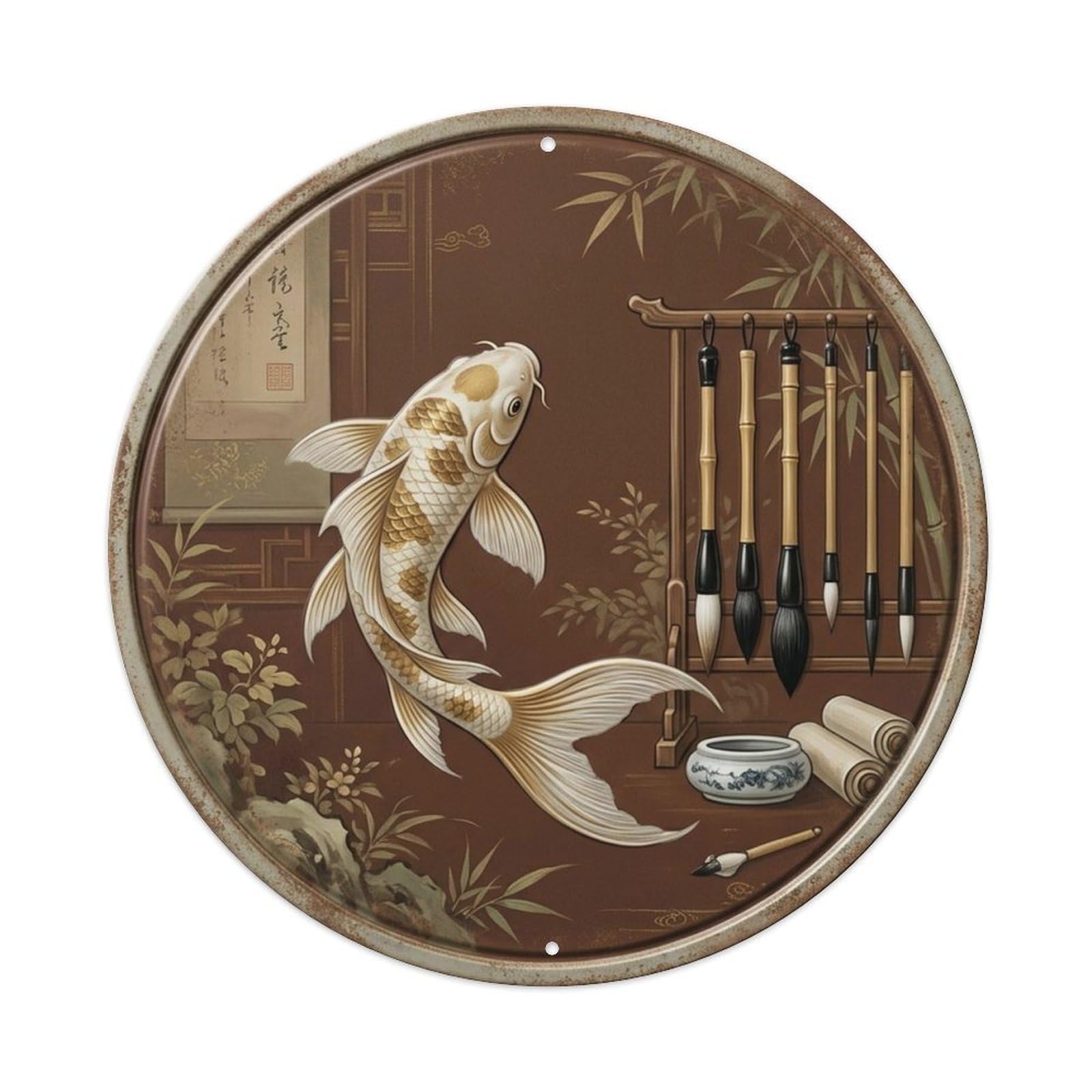 Asian Nature Koi Mahogany Scholar Study Water Landscape Metal Tin Sign Plaque Wall Decor for Cafe, Man Cave, Club Bar, Office, Home Garden Round Metal Poster 8x8Inch