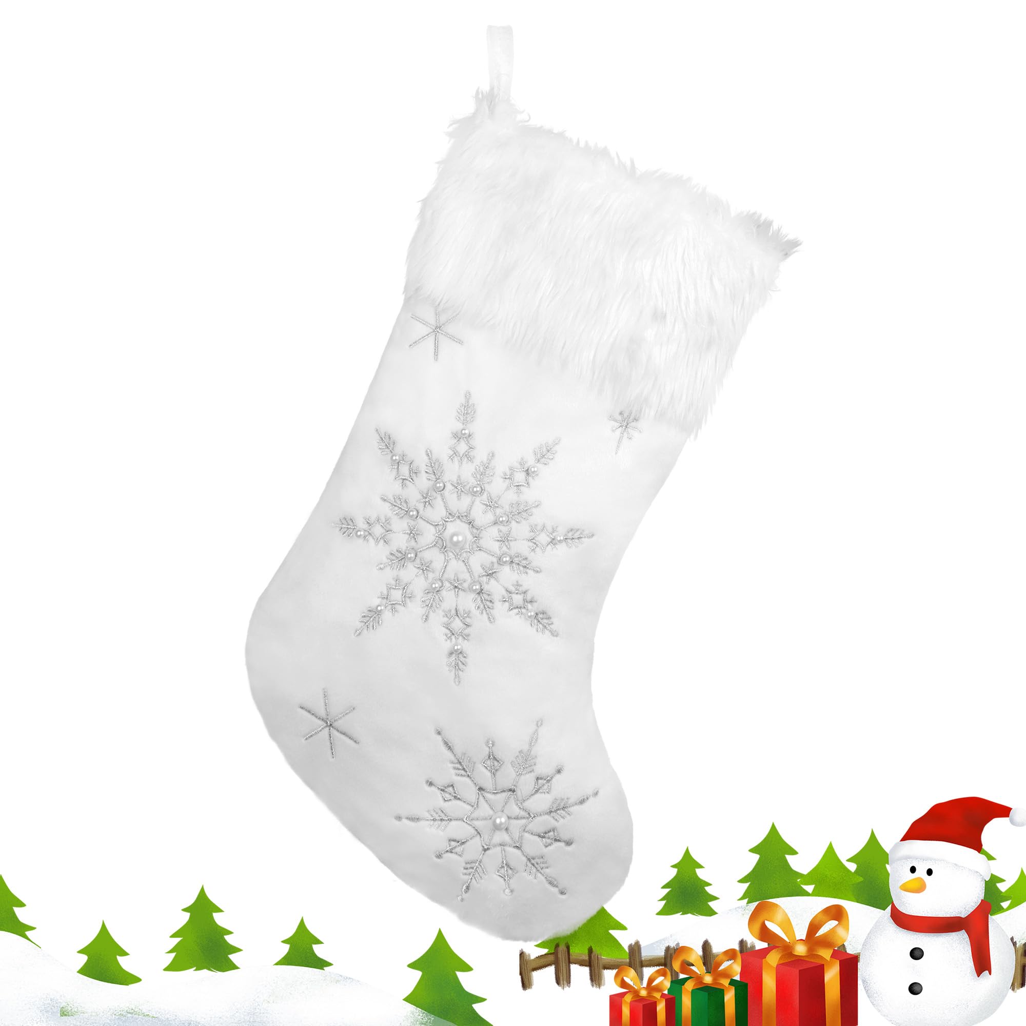 Creaher White Christmas Stockings, Large Xmas Personalised Stockings, Snowflake Pattern Christmas Stocking For Mantel Christmas Tree Gift Box Decoration